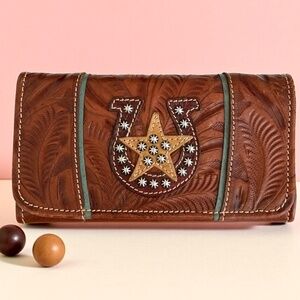 AMERICAN WEST Embossed Leather Studded Trifold Wallet Western Brown